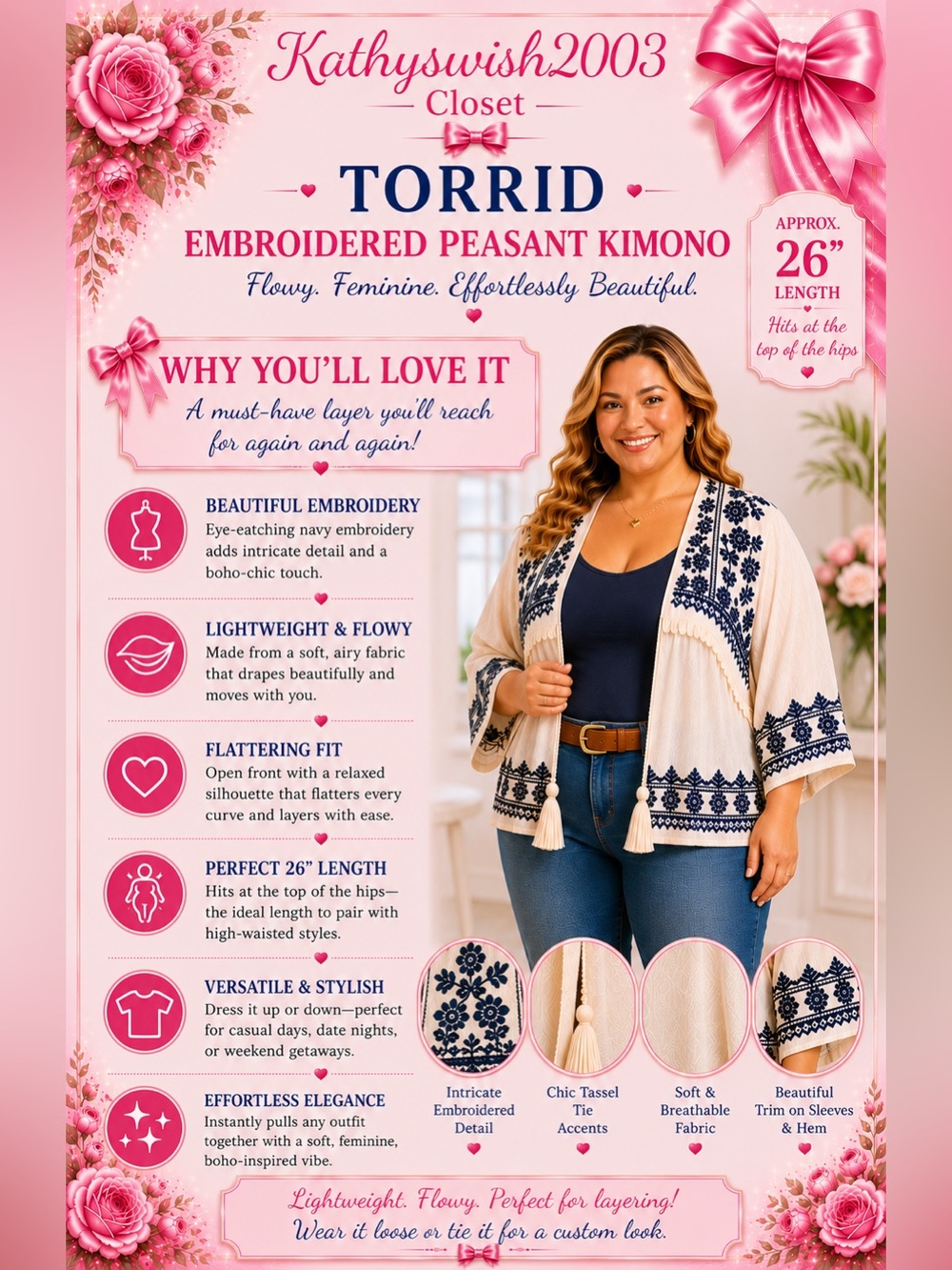 torrid White Peasant Kimono with Navy Embroidery - Picture 7 of 16